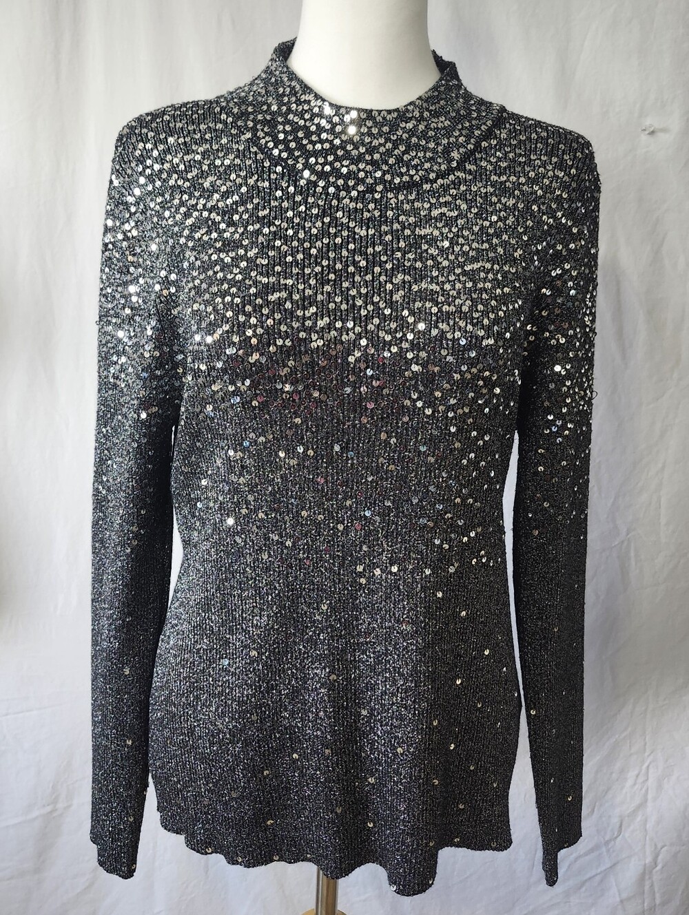 Tan Jay Silver Sequin Knit Long-Sleeve Top